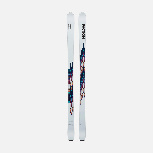 Topsheet of Faction Le Mogul, white mogul ski on a grey background.