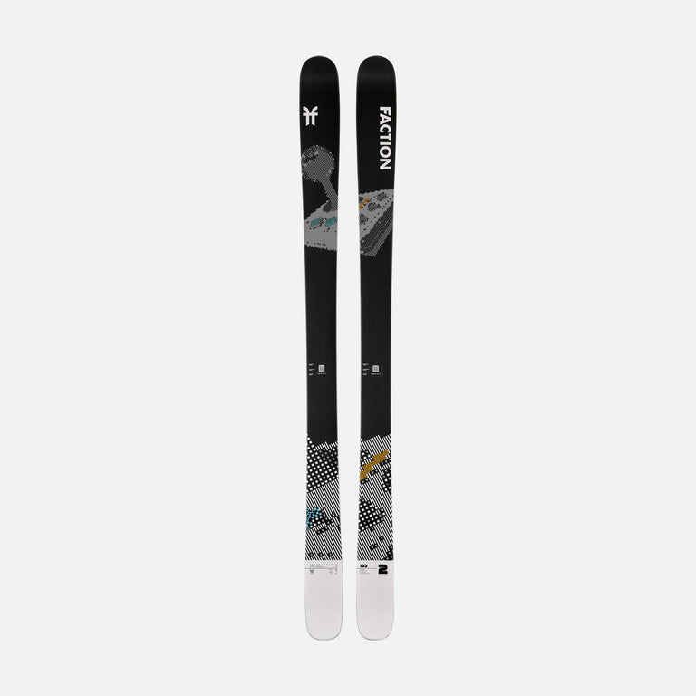 Topsheet of Faction Prodigy 2, black and white all-mountain ski on a grey background.