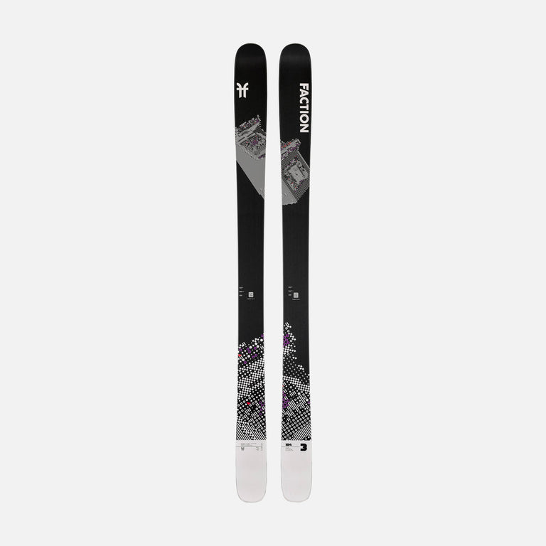 Topsheet of Faction Prodigy 3, black and white all-mountain ski on a grey background.