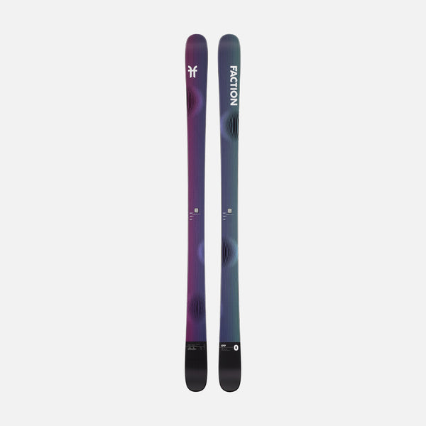 Topsheet of Faction Studio 0, purple and blue park & pipe ski on a grey background.