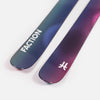 Close-up of Faction Studio 3, purple and blue freeride ski.